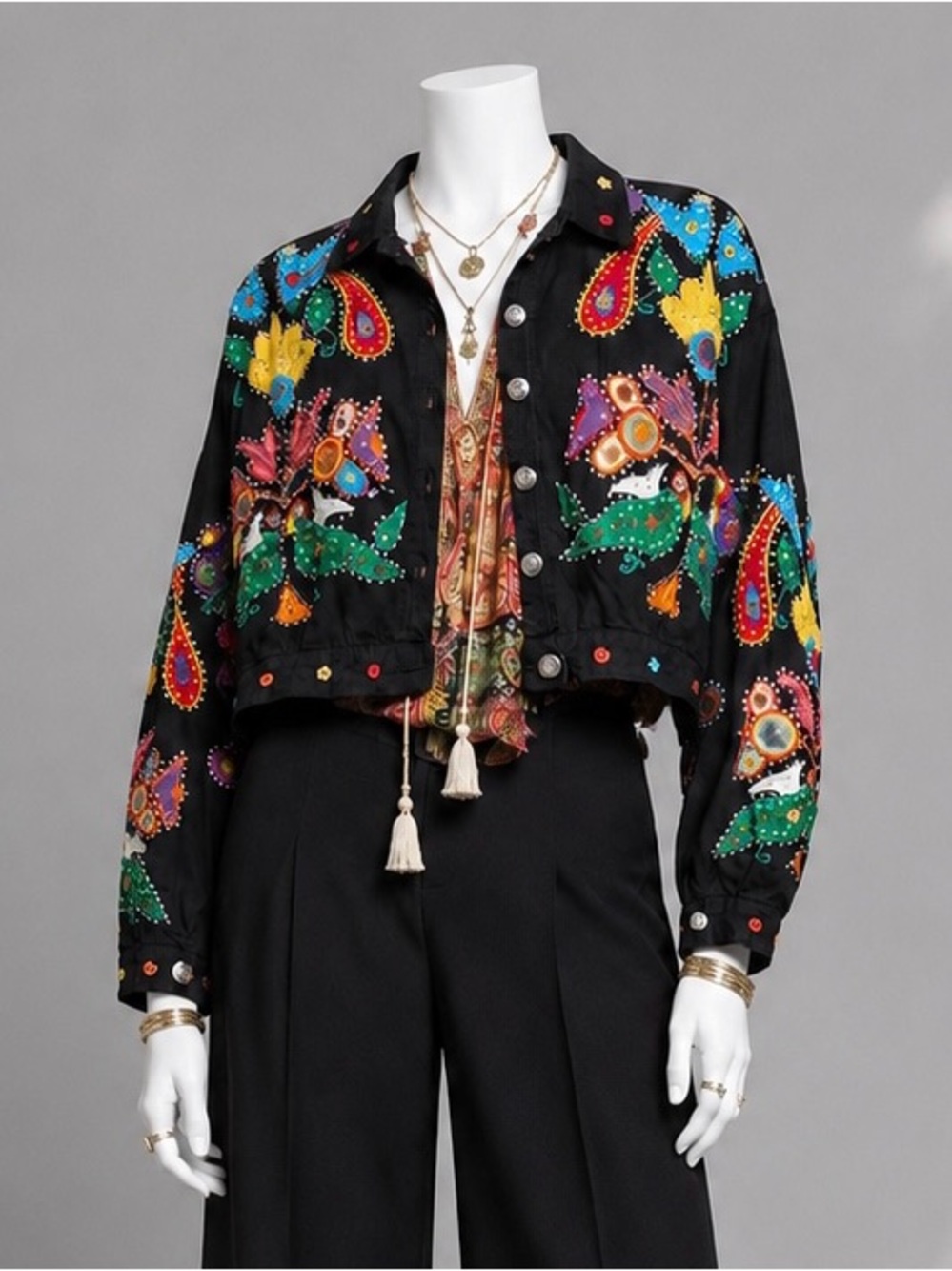 90s Jagswear Jacket L Black Paisley Floral Sequin Cropped Selena Quintanilla